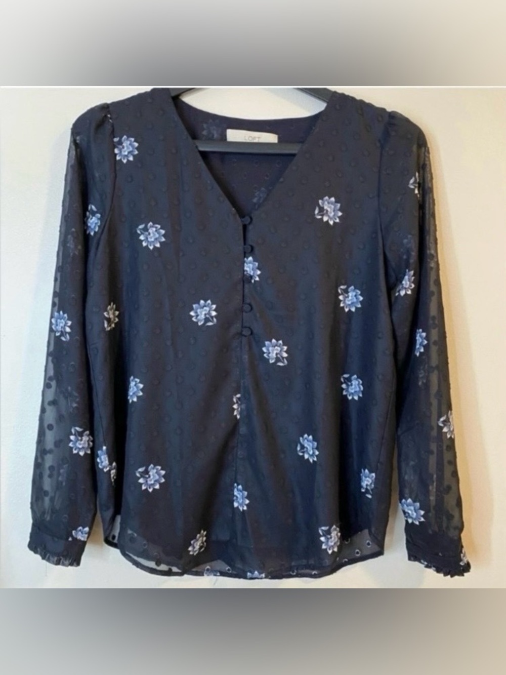 LOFT Sheer Navy Blue formal Floral Long Sleeve Button-Front Top